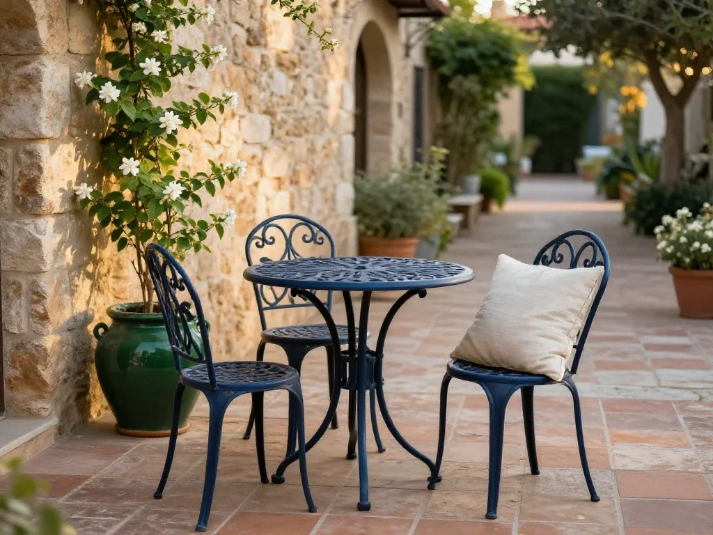 Patio mediterráneo con muebles de hierro forjado y plantas aromáticas en un entorno cálido.