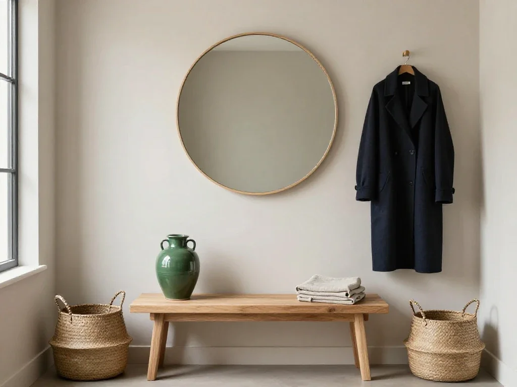 Recibidor ordenado con banco de madera y espejo que inspira calma y organización doméstica.