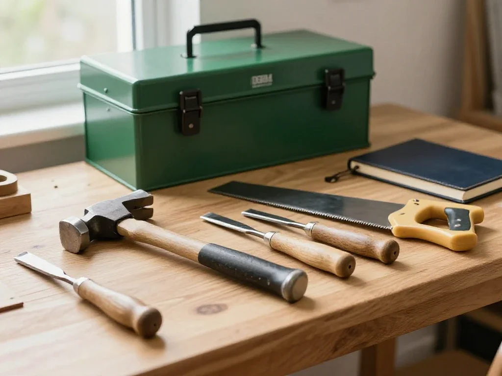 Taller doméstico ordenado con herramientas manuales que promueven un estilo de vida consciente y creativo.