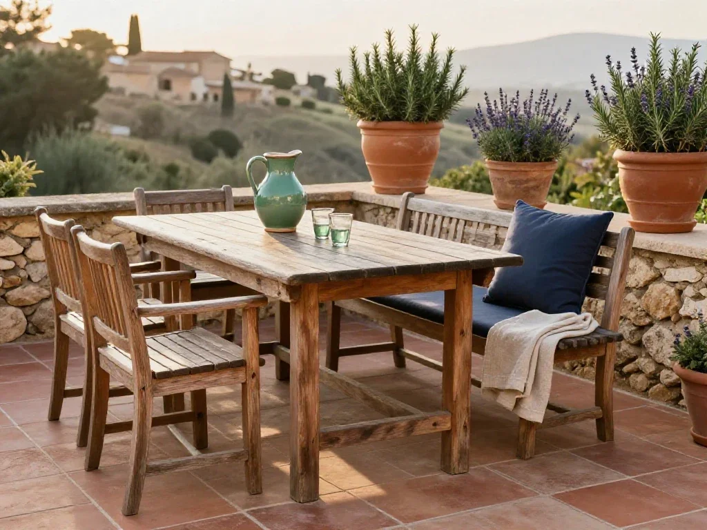 Terraza con muebles de madera y macetas de barro en un ambiente doméstico relajado.